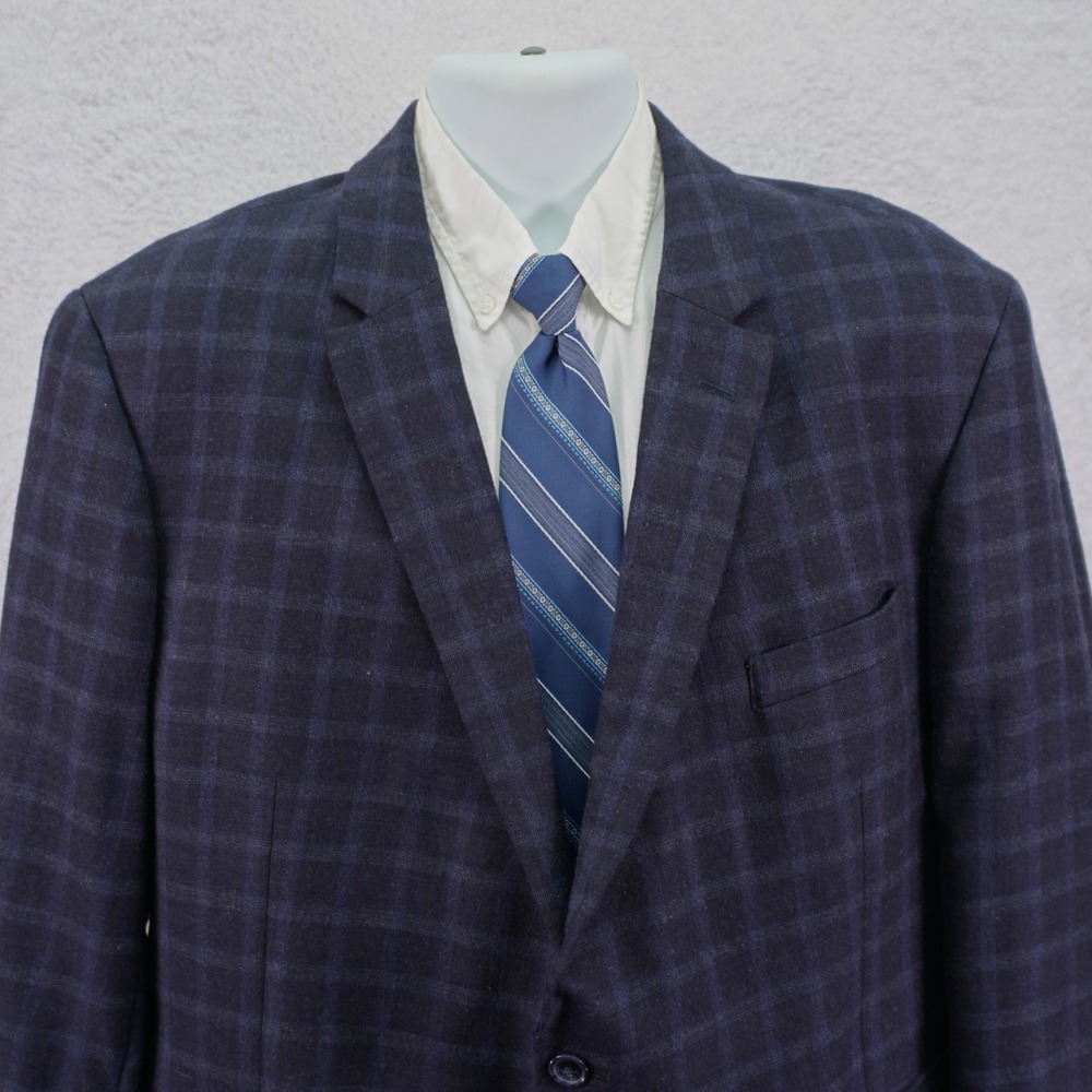 Tommy Hilfiger Soft Flannel‎ Worsted Wool Sport Coat 48R Blue Windowpane Tag 50L